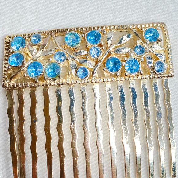 Hair Accessory Set Blue Flower Barette Blue Stone Combs And Yellow Stone Pins - Picture 8 of 15